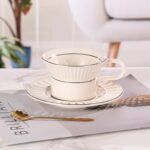 KAMMAK Tea Cups and Saucers Set of 2, 6.7oz Porcelain Coffee Cups with Saucers, Ceramic Espresso Mugs for Coffee, Latte, Americano, Tea, Unique Teacup and Saucer (YFH8+9)