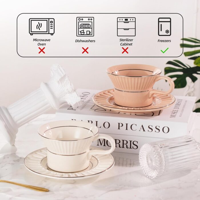 KAMMAK Tea Cups and Saucers Set of 2, 6.7oz Porcelain Coffee Cups with Saucers, Ceramic Espresso Mugs for Coffee, Latte, Americano, Tea, Unique Teacup and Saucer (YFH8+9)