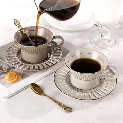 KAMMAK Tea Cups and Saucers Set of 2, 6.7oz Porcelain Coffee Cups with Saucers, Ceramic Espresso Mugs for Coffee, Latte, Americano, Tea, UN Teacup and Saucer (YFH6+7)