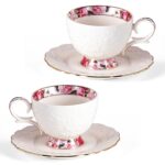 KAMMAK Tea Cups and Saucers Set of 2, 6.7oz Porcelain Coffee Cups with Saucers, Ceramic Espresso Mugs for Coffee, Latte, Americano, Tea, Elegant Teacup and Saucer (YFH13)