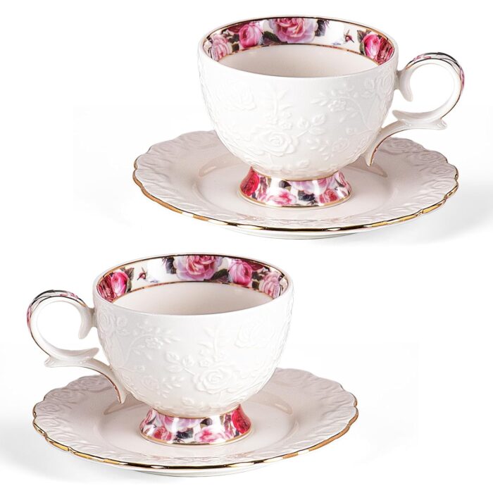 KAMMAK Tea Cups and Saucers Set of 2, 6.7oz Porcelain Coffee Cups with Saucers, Ceramic Espresso Mugs for Coffee, Latte, Americano, Tea, Elegant Teacup and Saucer (YFH13)