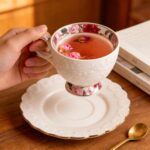 KAMMAK Tea Cups and Saucers Set of 2, 6.7oz Porcelain Coffee Cups with Saucers, Ceramic Espresso Mugs for Coffee, Latte, Americano, Tea, Elegant Teacup and Saucer (YFH13)