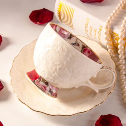 KAMMAK Tea Cups and Saucers Set of 2, 6.7oz Porcelain Coffee Cups with Saucers, Ceramic Espresso Mugs for Coffee, Latte, Americano, Tea, Elegant Teacup and Saucer (YFH13)