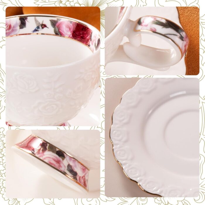 KAMMAK Tea Cups and Saucers Set of 2, 6.7oz Porcelain Coffee Cups with Saucers, Ceramic Espresso Mugs for Coffee, Latte, Americano, Tea, Elegant Teacup and Saucer (YFH13)