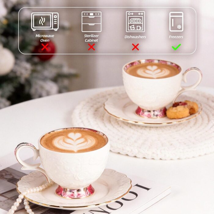 KAMMAK Tea Cups and Saucers Set of 2, 6.7oz Porcelain Coffee Cups with Saucers, Ceramic Espresso Mugs for Coffee, Latte, Americano, Tea, Elegant Teacup and Saucer (YFH13)