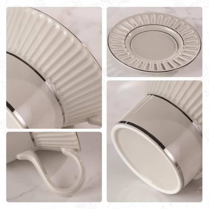 KAMMAK Tea Cups and Saucers Set of 2, 6.7oz Porcelain Coffee Cups with Saucers, Ceramic Espresso Mugs for Coffee, Latte, Americano, Tea, UN Teacup and Saucer (YFH6+7)
