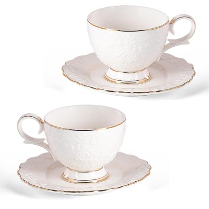 KAMMAK Tea Cups and Saucers Set of 2, 6.7oz Porcelain Coffee Cups with Saucers, Ceramic Espresso Mugs for Coffee, Latte, Americano, Tea, Elegant Teacup and Saucer (YFH14)