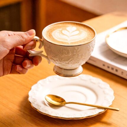 KAMMAK Tea Cups and Saucers Set of 2, 6.7oz Porcelain Coffee Cups with Saucers, Ceramic Espresso Mugs for Coffee, Latte, Americano, Tea, Elegant Teacup and Saucer (YFH14)