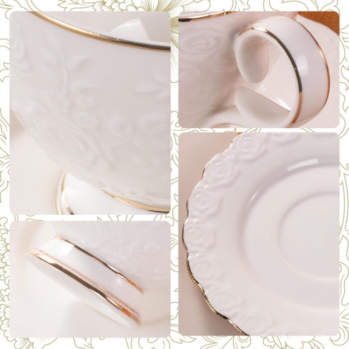 KAMMAK Tea Cups and Saucers Set of 2, 6.7oz Porcelain Coffee Cups with Saucers, Ceramic Espresso Mugs for Coffee, Latte, Americano, Tea, Elegant Teacup and Saucer (YFH14)
