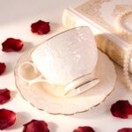KAMMAK Tea Cups and Saucers Set of 2, 6.7oz Porcelain Coffee Cups with Saucers, Ceramic Espresso Mugs for Coffee, Latte, Americano, Tea, Elegant Teacup and Saucer (YFH14)