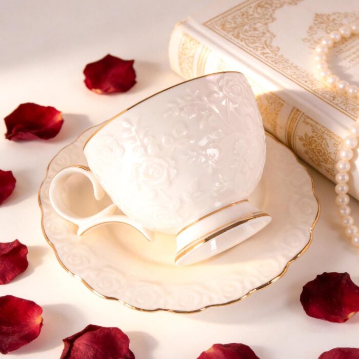 KAMMAK Tea Cups and Saucers Set of 2, 6.7oz Porcelain Coffee Cups with Saucers, Ceramic Espresso Mugs for Coffee, Latte, Americano, Tea, Elegant Teacup and Saucer (YFH14)