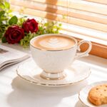 KAMMAK Tea Cups and Saucers Set of 2, 6.7oz Porcelain Coffee Cups with Saucers, Ceramic Espresso Mugs for Coffee, Latte, Americano, Tea, Elegant Teacup and Saucer (YFH14)