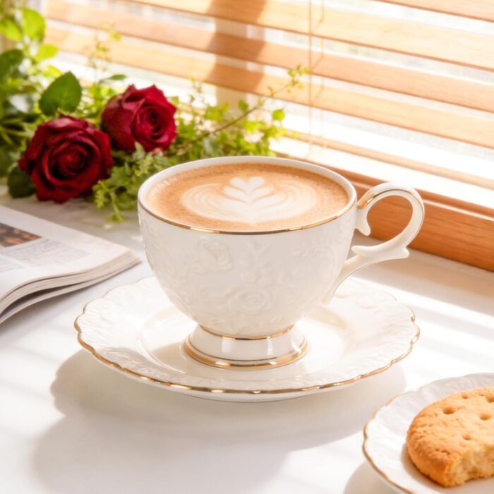 KAMMAK Tea Cups and Saucers Set of 2, 6.7oz Porcelain Coffee Cups with Saucers, Ceramic Espresso Mugs for Coffee, Latte, Americano, Tea, Elegant Teacup and Saucer (YFH14)