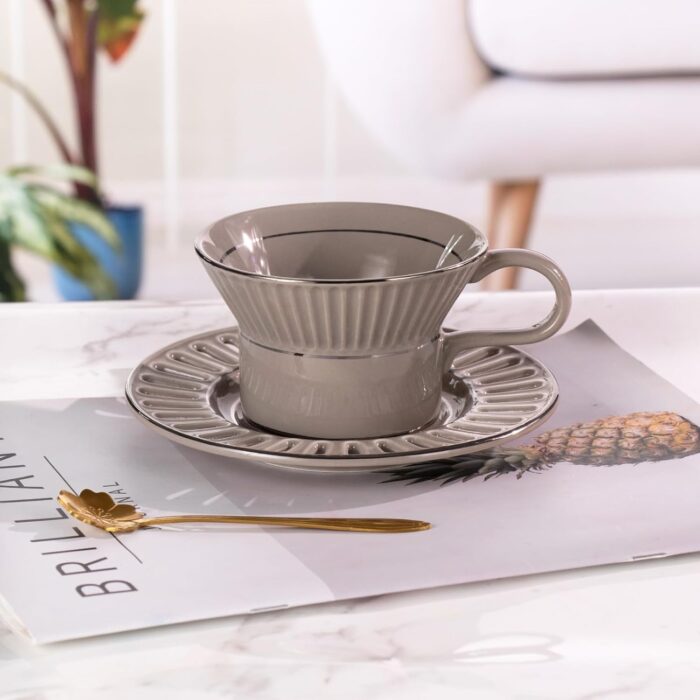 KAMMAK Tea Cups and Saucers Set of 2, 6.7oz Porcelain Coffee Cups with Saucers, Ceramic Espresso Mugs for Coffee, Latte, Americano, Tea, UN Teacup and Saucer (YFH6+7)