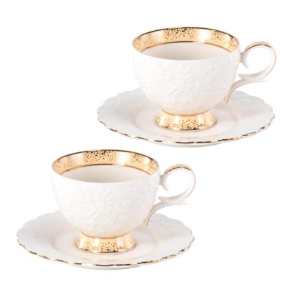 KAMMAK Tea Cups and Saucers Set of 2, 6.7oz Porcelain Coffee Cups with Saucers, Ceramic Espresso Mugs for Coffee, Latte, Americano, Tea, Elegant Teacup and Saucer (YFH15)