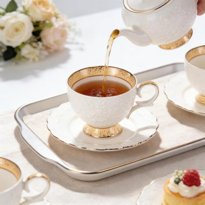 KAMMAK Tea Cups and Saucers Set of 2, 6.7oz Porcelain Coffee Cups with Saucers, Ceramic Espresso Mugs for Coffee, Latte, Americano, Tea, Elegant Teacup and Saucer (YFH15)