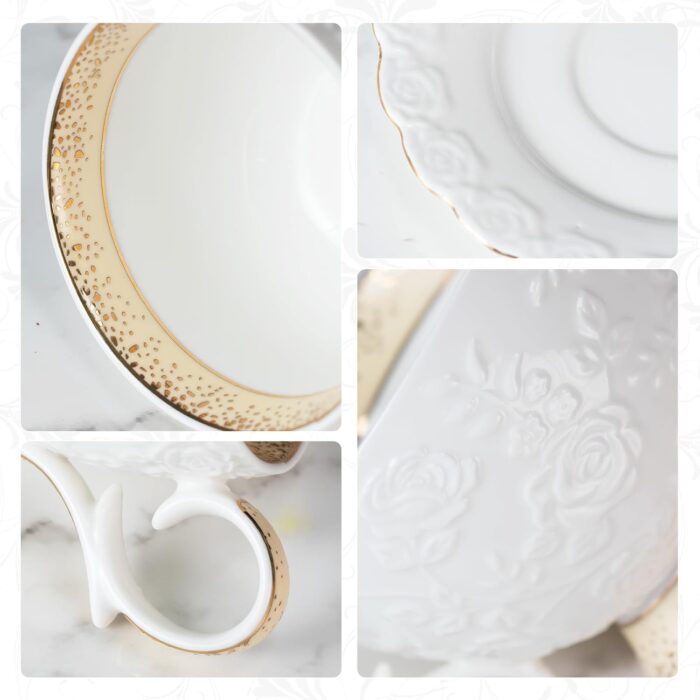 KAMMAK Tea Cups and Saucers Set of 2, 6.7oz Porcelain Coffee Cups with Saucers, Ceramic Espresso Mugs for Coffee, Latte, Americano, Tea, Elegant Teacup and Saucer (YFH15)