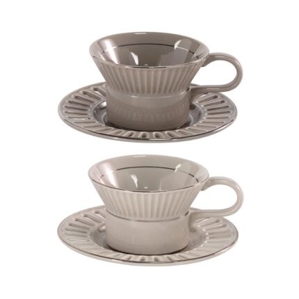 KAMMAK Tea Cups and Saucers Set of 2, 6.7oz Porcelain Coffee Cups with Saucers, Ceramic Espresso Mugs for Coffee, Latte, Americano, Tea, UN Teacup and Saucer (YFH6+7)