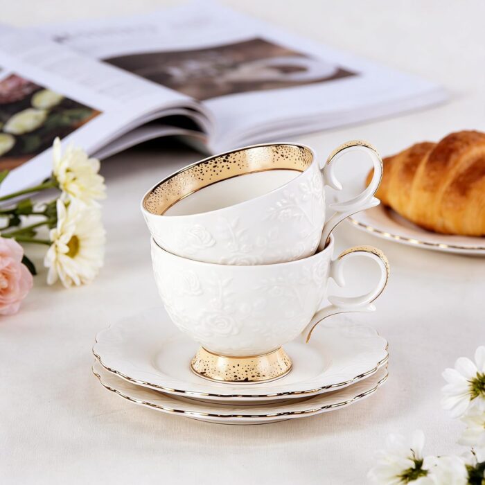 KAMMAK Tea Cups and Saucers Set of 2, 6.7oz Porcelain Coffee Cups with Saucers, Ceramic Espresso Mugs for Coffee, Latte, Americano, Tea, Elegant Teacup and Saucer (YFH15)