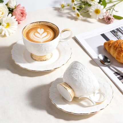 KAMMAK Tea Cups and Saucers Set of 2, 6.7oz Porcelain Coffee Cups with Saucers, Ceramic Espresso Mugs for Coffee, Latte, Americano, Tea, Elegant Teacup and Saucer (YFH15)