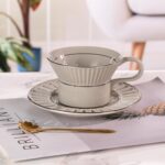 KAMMAK Tea Cups and Saucers Set of 2, 6.7oz Porcelain Coffee Cups with Saucers, Ceramic Espresso Mugs for Coffee, Latte, Americano, Tea, UN Teacup and Saucer (YFH6+7)