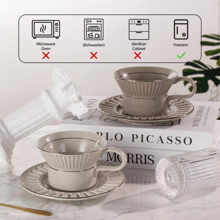 KAMMAK Tea Cups and Saucers Set of 2, 6.7oz Porcelain Coffee Cups with Saucers, Ceramic Espresso Mugs for Coffee, Latte, Americano, Tea, UN Teacup and Saucer (YFH6+7)