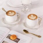 KAMMAK Tea Cups and Saucers Set of 2, 7.1oz Porcelain Coffee Cups with Saucers, Ceramic Espresso Mugs for Coffee, Latte, Americano, Tea, Elegant Teacup and Saucer (YFH5)