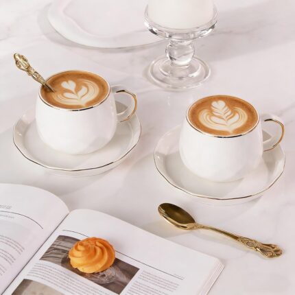 KAMMAK Tea Cups and Saucers Set of 2, 7.1oz Porcelain Coffee Cups with Saucers, Ceramic Espresso Mugs for Coffee, Latte, Americano, Tea, Elegant Teacup and Saucer (YFH5)