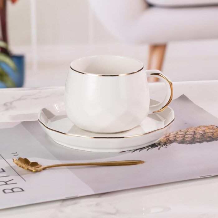 KAMMAK Tea Cups and Saucers Set of 2, 7.1oz Porcelain Coffee Cups with Saucers, Ceramic Espresso Mugs for Coffee, Latte, Americano, Tea, Elegant Teacup and Saucer (YFH5)