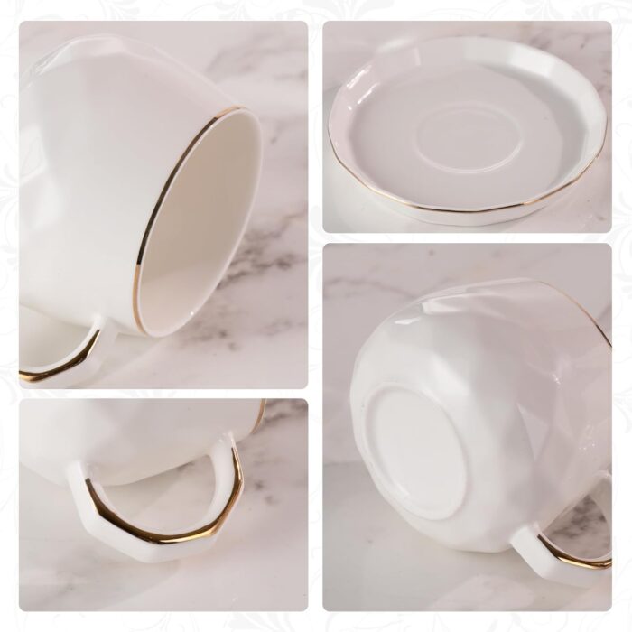 KAMMAK Tea Cups and Saucers Set of 2, 7.1oz Porcelain Coffee Cups with Saucers, Ceramic Espresso Mugs for Coffee, Latte, Americano, Tea, Elegant Teacup and Saucer (YFH5)