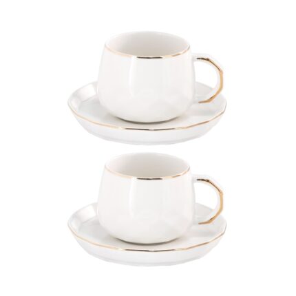 KAMMAK Tea Cups and Saucers Set of 2, 7.1oz Porcelain Coffee Cups with Saucers, Ceramic Espresso Mugs for Coffee, Latte, Americano, Tea, Elegant Teacup and Saucer (YFH5)