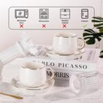 KAMMAK Tea Cups and Saucers Set of 2, 7.1oz Porcelain Coffee Cups with Saucers, Ceramic Espresso Mugs for Coffee, Latte, Americano, Tea, Elegant Teacup and Saucer (YFH5)