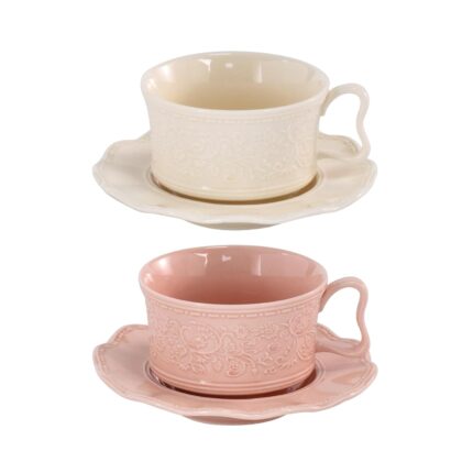 KAMMAK Tea Cups and Saucers Set of 2, 7oz Porcelain Coffee Cups with Saucers, Ceramic Espresso Mugs for Coffee, Latte, Americano, Tea, Elegant Teacup and Saucer (YFH1+2)