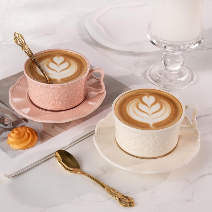 KAMMAK Tea Cups and Saucers Set of 2, 7oz Porcelain Coffee Cups with Saucers, Ceramic Espresso Mugs for Coffee, Latte, Americano, Tea, Elegant Teacup and Saucer (YFH1+2) KAMMAK Tea Cups and Saucers Set of 2, 7oz Porcelain Coffee Cups with Saucers, Ceramic Espresso Mugs for Coffee, Latte, Americano, Tea, Elegant Teacup and Saucer (YFH1+2)