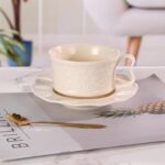 KAMMAK Tea Cups and Saucers Set of 2, 7oz Porcelain Coffee Cups with Saucers, Ceramic Espresso Mugs for Coffee, Latte, Americano, Tea, Elegant Teacup and Saucer (YFH1+2)