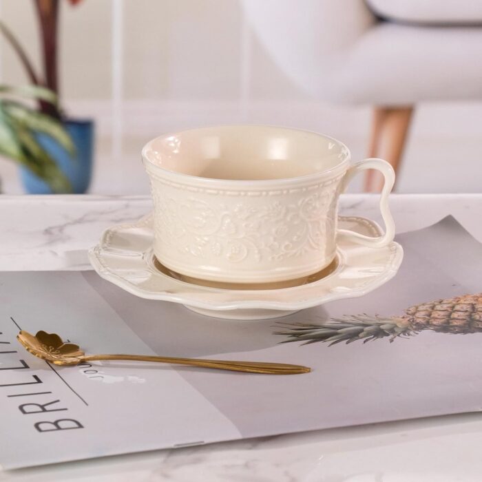 KAMMAK Tea Cups and Saucers Set of 2, 7oz Porcelain Coffee Cups with Saucers, Ceramic Espresso Mugs for Coffee, Latte, Americano, Tea, Elegant Teacup and Saucer (YFH1+2)