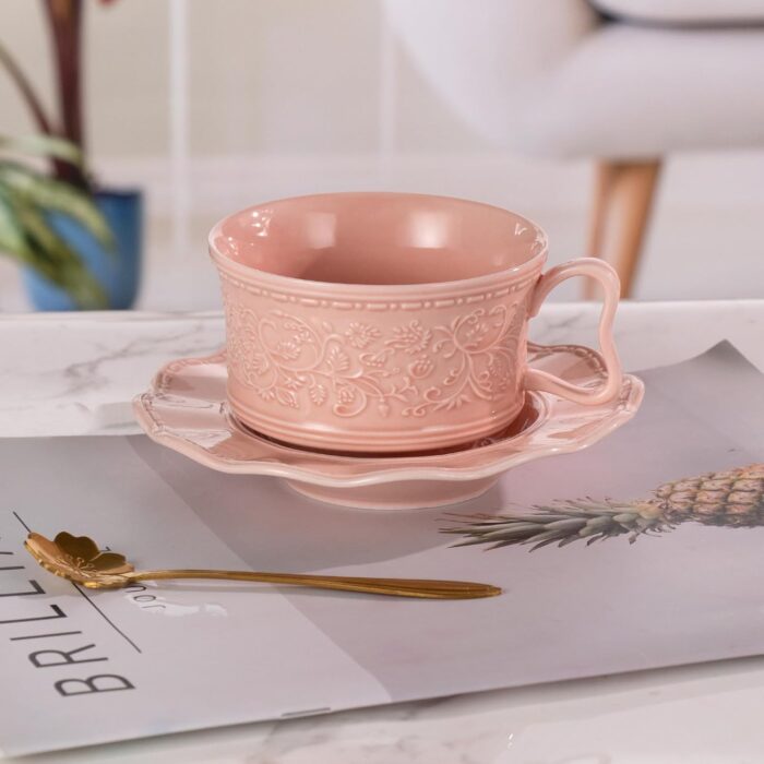 KAMMAK Tea Cups and Saucers Set of 2, 7oz Porcelain Coffee Cups with Saucers, Ceramic Espresso Mugs for Coffee, Latte, Americano, Tea, Elegant Teacup and Saucer (YFH1+2)