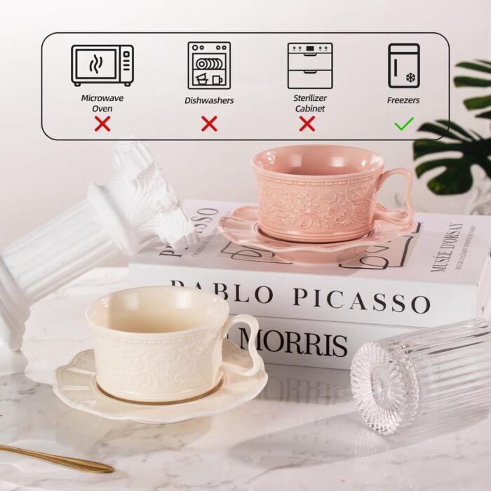 KAMMAK Tea Cups and Saucers Set of 2, 7oz Porcelain Coffee Cups with Saucers, Ceramic Espresso Mugs for Coffee, Latte, Americano, Tea, Elegant Teacup and Saucer (YFH1+2)