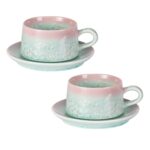 KAMMAK Tea Cups and Saucers set of 2, Porcelain Coffee Cups, 7.7oz Crystalline Glaze Espresso Mugs, Ceramic Demitasse for Coffee, Cappuccino, Latte, Americano, Tea (Pink and Green)