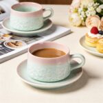 KAMMAK Tea Cups and Saucers set of 2, Porcelain Coffee Cups, 7.7oz Crystalline Glaze Espresso Mugs, Ceramic Demitasse for Coffee, Cappuccino, Latte, Americano, Tea (Pink and Green)