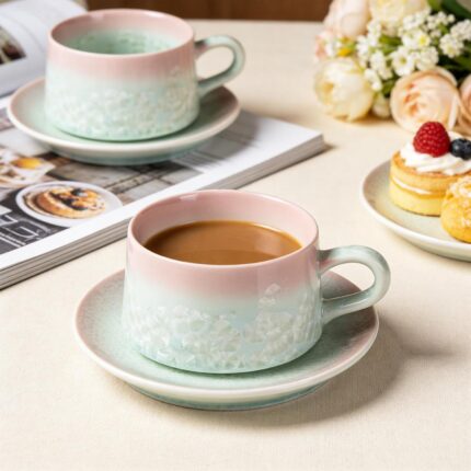 KAMMAK Tea Cups and Saucers set of 2, Porcelain Coffee Cups, 7.7oz Crystalline Glaze Espresso Mugs, Ceramic Demitasse for Coffee, Cappuccino, Latte, Americano, Tea (Pink and Green)