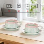KAMMAK Tea Cups and Saucers set of 2, Porcelain Coffee Cups, 7.7oz Crystalline Glaze Espresso Mugs, Ceramic Demitasse for Coffee, Cappuccino, Latte, Americano, Tea (Pink and Green)