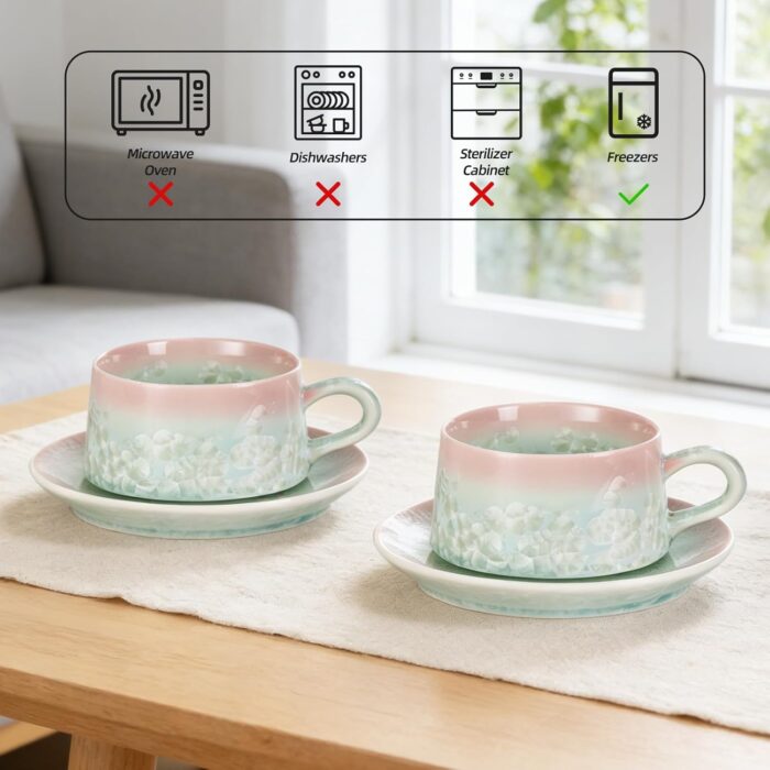 KAMMAK Tea Cups and Saucers set of 2, Porcelain Coffee Cups, 7.7oz Crystalline Glaze Espresso Mugs, Ceramic Demitasse for Coffee, Cappuccino, Latte, Americano, Tea (Pink and Green)
