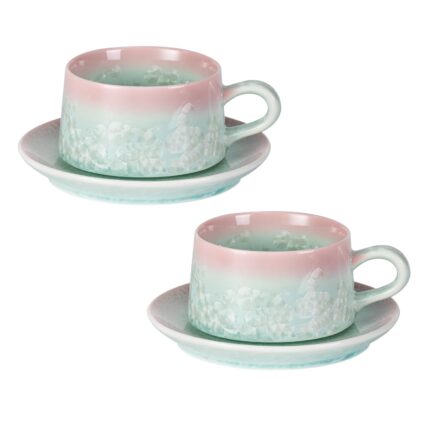KAMMAK Tea Cups and Saucers set of 2, Porcelain Coffee Cups, 7.7oz Crystalline Glaze Espresso Mugs, Ceramic Demitasse for Coffee, Cappuccino, Latte, Americano, Tea (Pink and Green)