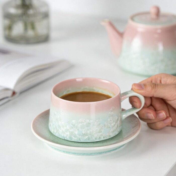 KAMMAK Tea Cups and Saucers set of 2, Porcelain Coffee Cups, 7.7oz Crystalline Glaze Espresso Mugs, Ceramic Demitasse for Coffee, Cappuccino, Latte, Americano, Tea (Pink and Green)