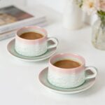 KAMMAK Tea Cups and Saucers set of 2, Porcelain Coffee Cups, 7.7oz Crystalline Glaze Espresso Mugs, Ceramic Demitasse for Coffee, Cappuccino, Latte, Americano, Tea (Pink and Green)