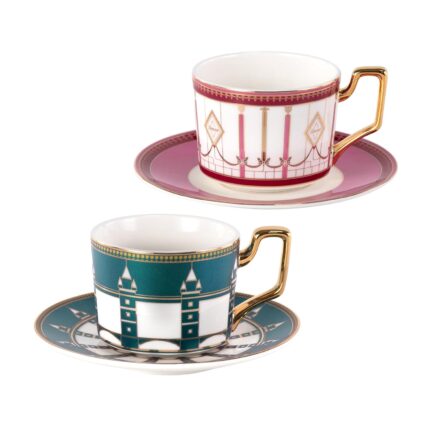 KAMMAK Tea Cups and Saucers Set of 2, Porcelain Coffee Cups, Stackable Espresso Mugs, Ceramic Demitasse for Coffee, Latte, Americano, Tea, Pink + London