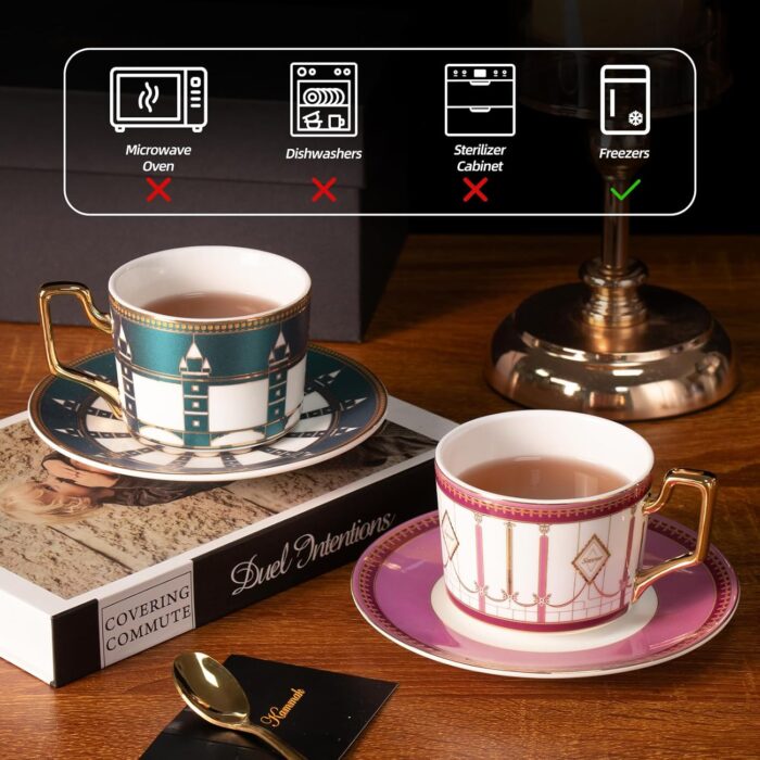 KAMMAK Tea Cups and Saucers Set of 2, Porcelain Coffee Cups, Stackable Espresso Mugs, Ceramic Demitasse for Coffee, Latte, Americano, Tea, Pink + London
