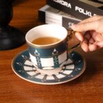 KAMMAK Tea Cups and Saucers Set of 2, Porcelain Coffee Cups, Stackable Espresso Mugs, Ceramic Demitasse for Coffee, Latte, Americano, Tea, Pink + London