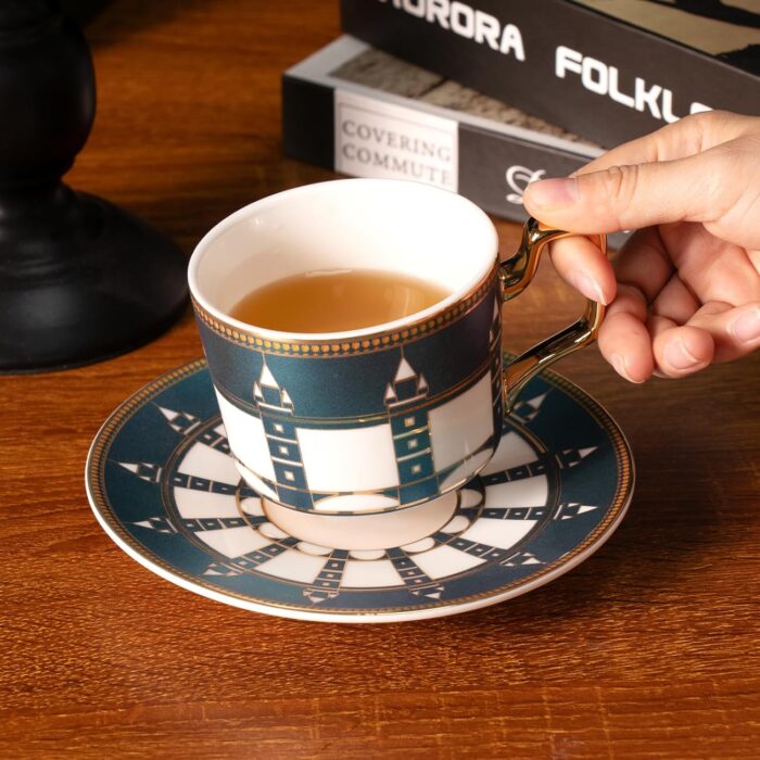 KAMMAK Tea Cups and Saucers Set of 2, Porcelain Coffee Cups, Stackable Espresso Mugs, Ceramic Demitasse for Coffee, Latte, Americano, Tea, Pink + London